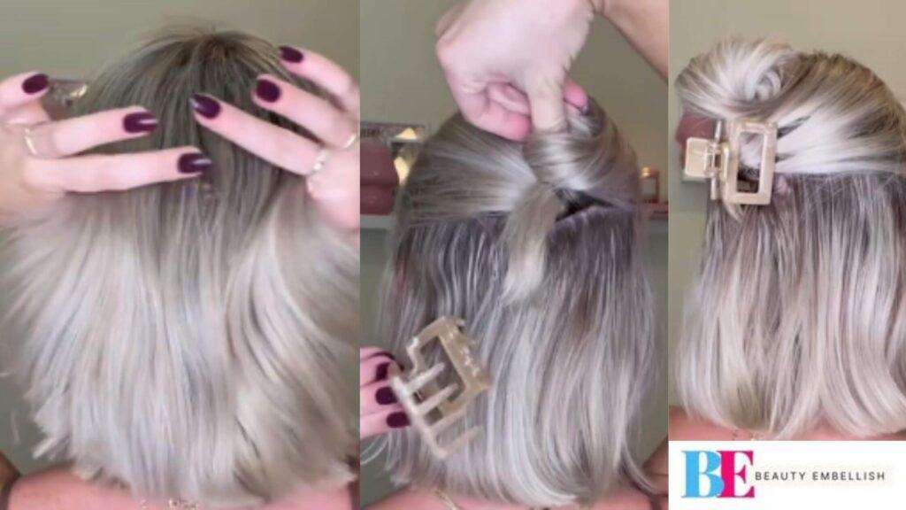 A step-by-step guide for beginners using a claw clip in hairstyling.
