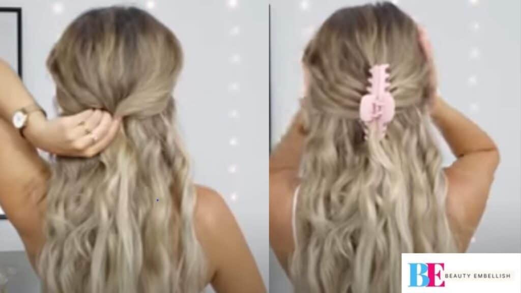 Woman styling her hair with a chic claw clip.